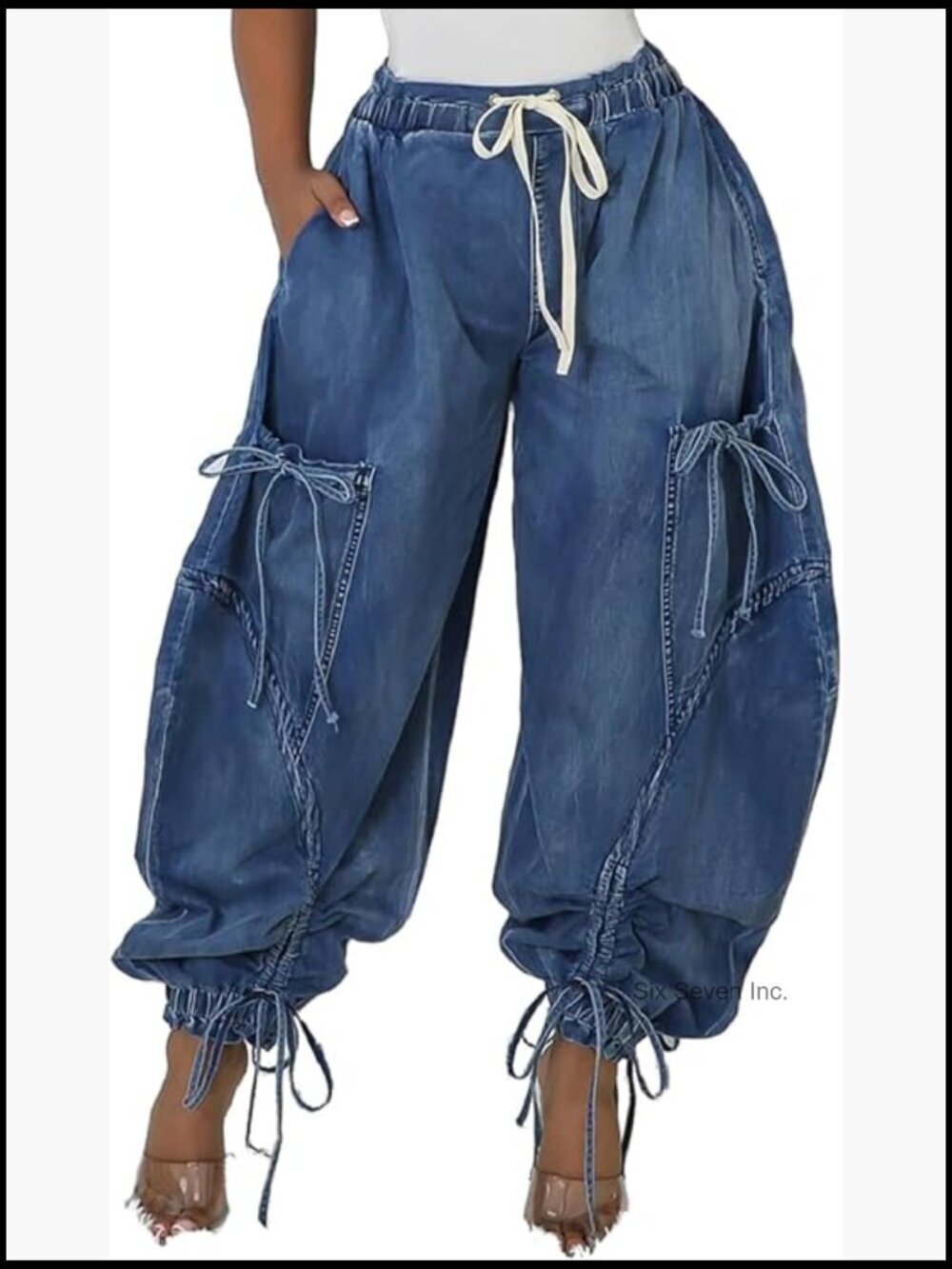 High Waist Wide Leg Cargo Jeans Drawstring Harem Pants